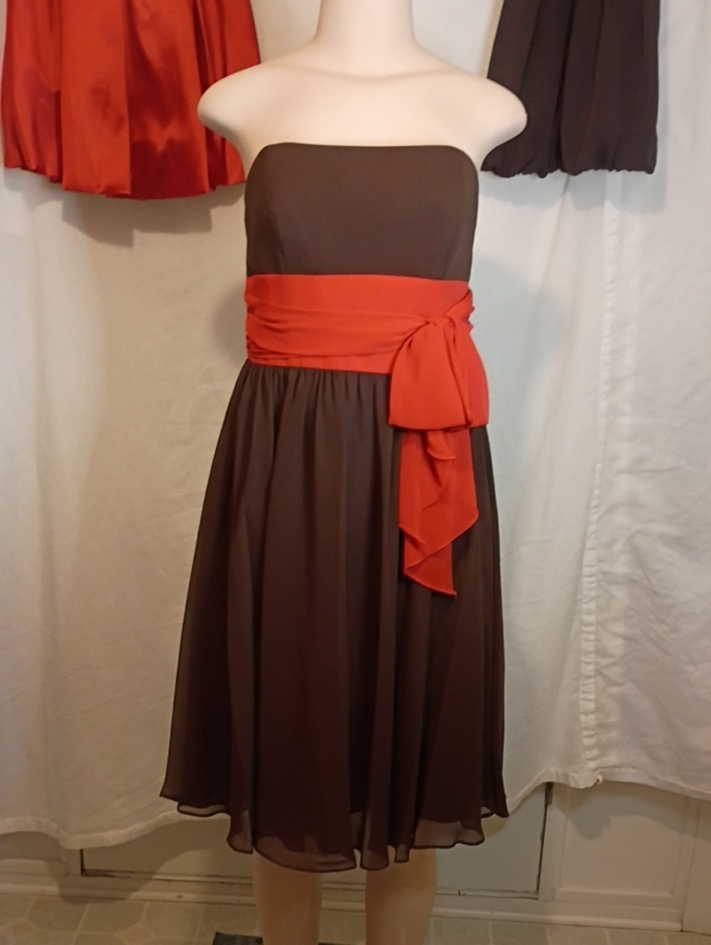 Alfred Angelo Strapless Brown Dress with Orange Sash